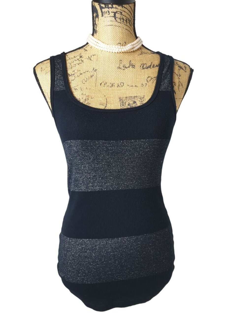 Old Navy Womens M Tank Black Silver Sparkle Striped Sleeveless Top Athleisure